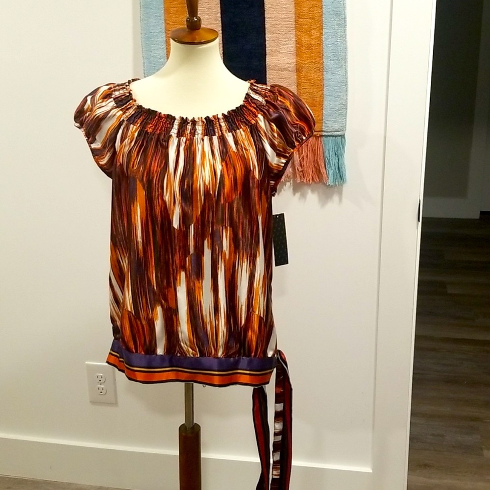 🌷3 Tops for $18 - NWT Chime Burnt orange & Navy Blue Capped Sleeve Blouse, Sz XL